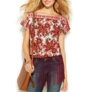 Micheal | Michael Kors | Red & Brown Bohemian Paisley Print Fringe Blouse Size M